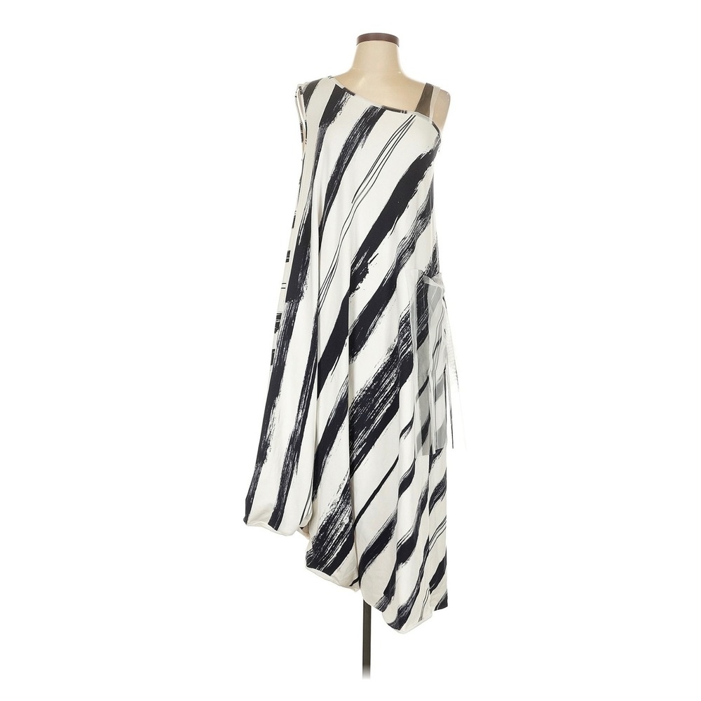 Kedziorek black and white asymmetrical art deco maxi dress Striped tulle details